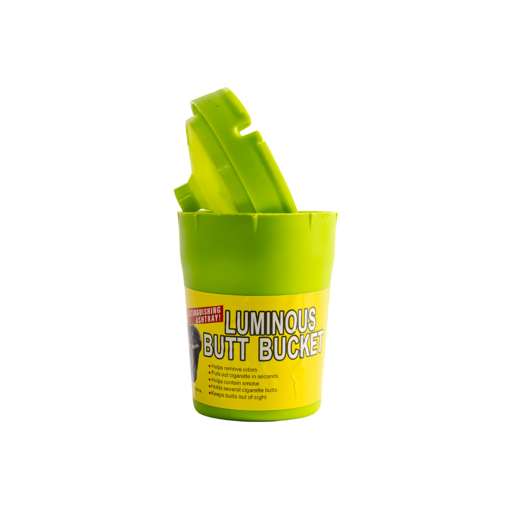 Luminous Bucket Ashtray in bright green, designed to hold cigarette butts while keeping odors contained.
