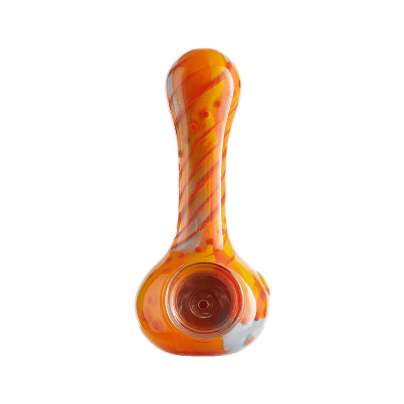 Eyce OraFlex smoking hand pipe in vibrant orange color with unique swirl design and ergonomic shape.