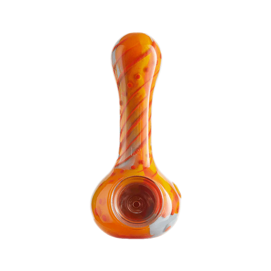 Eyce OraFlex smoking hand pipe in vibrant orange color with unique swirl design and ergonomic shape.
