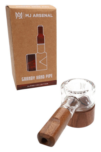 MJ ARSENAL GRANBY HAND PIPES with stylish glass design and wooden handle, packaged in Alpine Collection box.